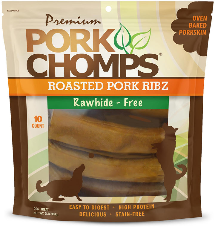 Pork Chomps Roasted Pork Skin Dog Chews, 6-inch Rib Shapes, 10 Count