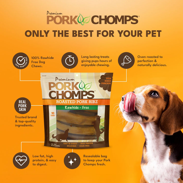 Pork Chomps Roasted Pork Skin Dog Chews, 6-inch Rib Shapes, 10 Count